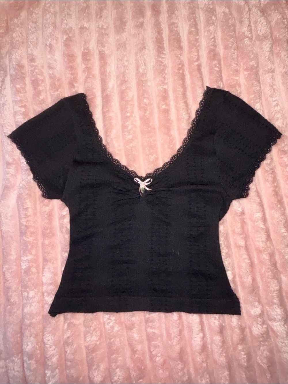 Black Lace-Trim Short Sleeve Top